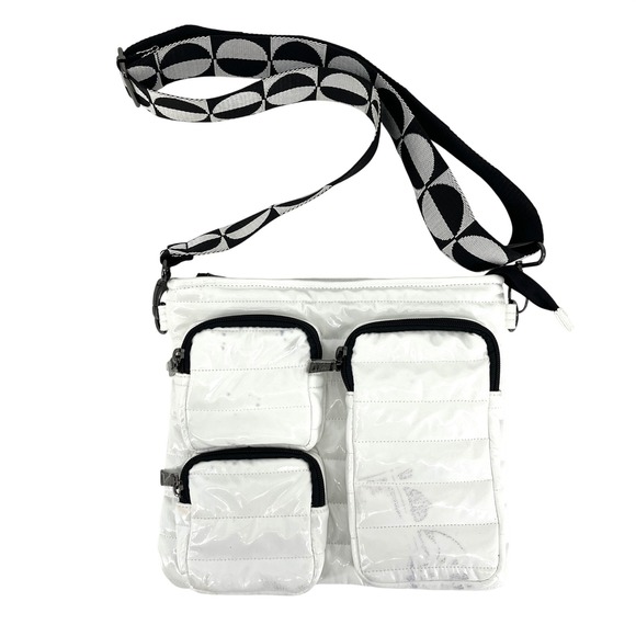 THINK ROLYN Handbags - THINK ROLYN White Puffer‎ Crossbody Bag with Graphic Strap